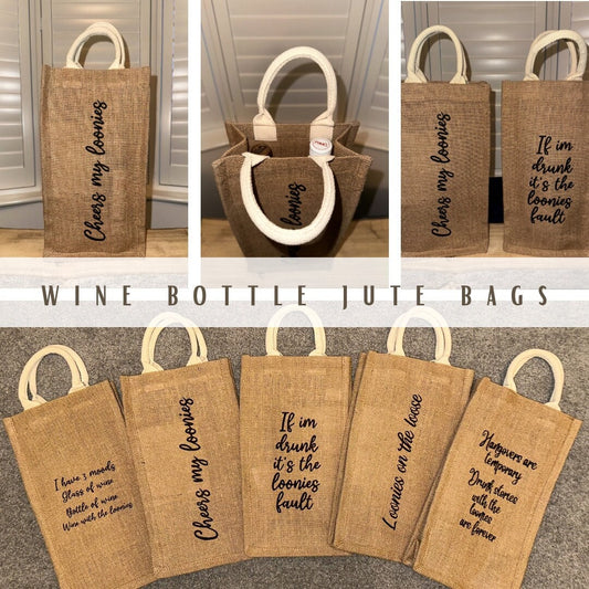 Personalised wine bottle jute bags